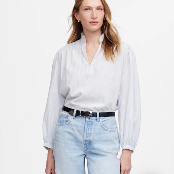 Madewell Tops - Madewell Ruffled Popover Top in Blue White Lino Dobby Stripe Size XL NWT